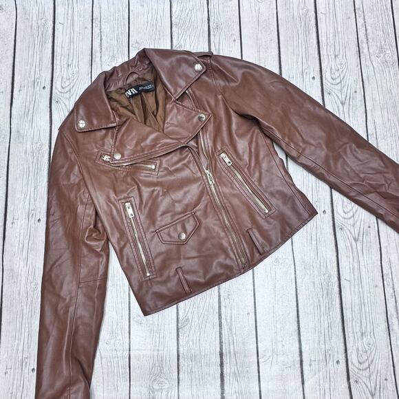 Zara Faux Leather Brown Biker Jacket Size X-Small - Picture 2 of 5